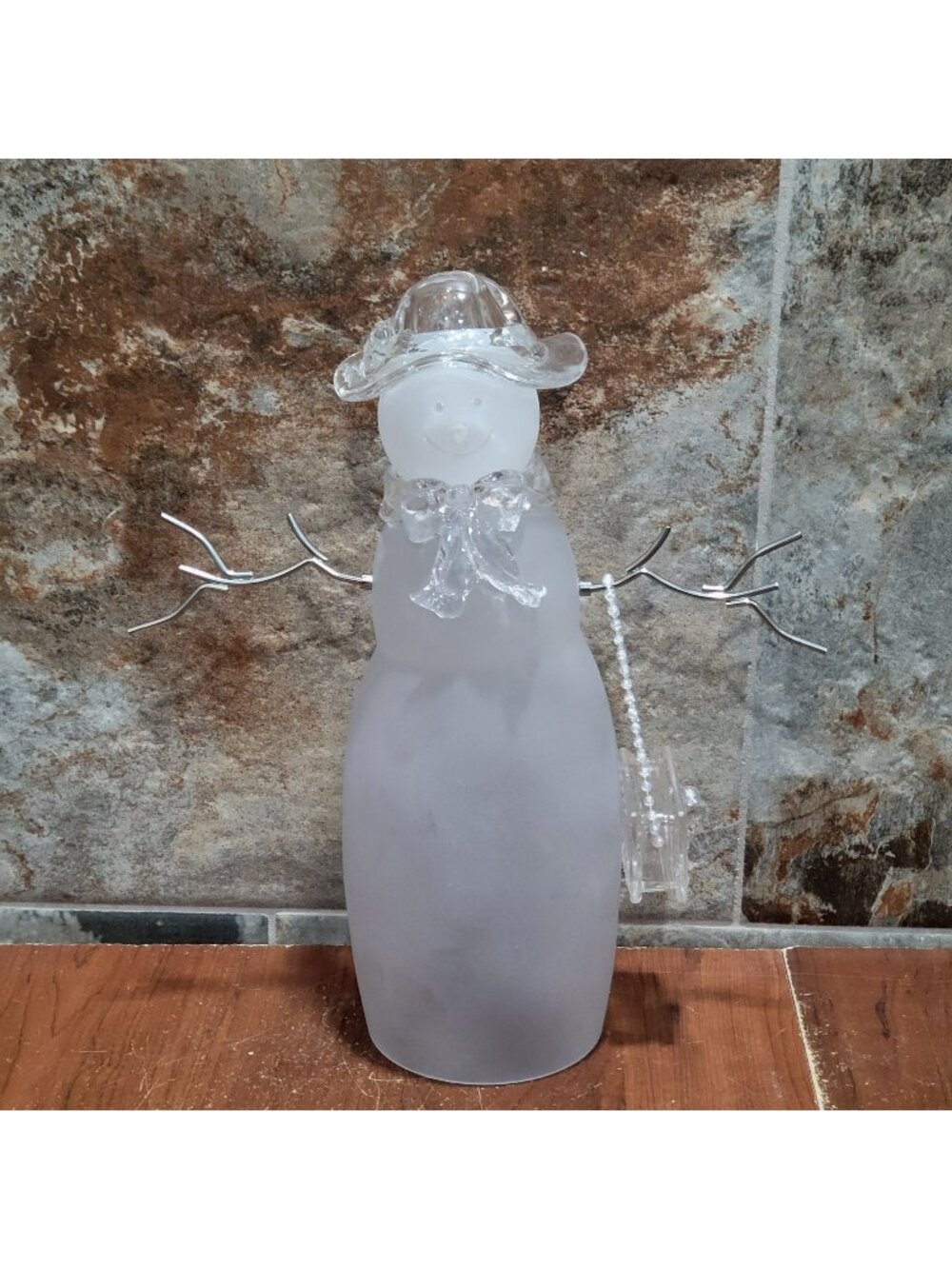 Frosted Glass Snowman Figurine Magnetic Chrome Twig Arms 12 Inch Tall